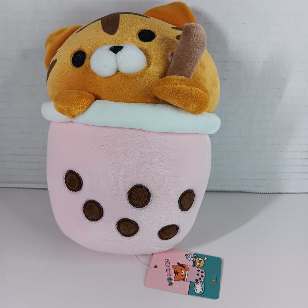 Takashoji Plush Toy Boba Bubble Tea Striped Orange Cat Pink NWT